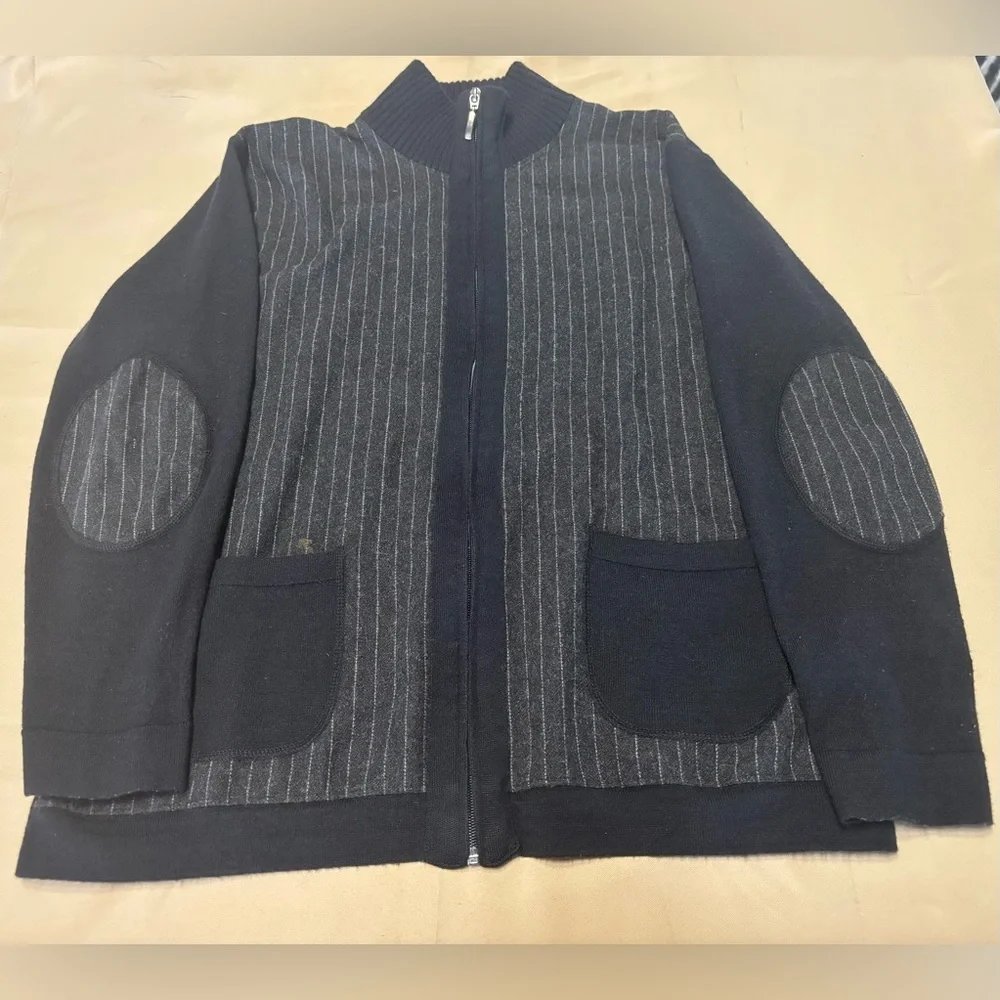 Codice Black and Gray Zip-Up‎ Sweater Merino Wool Blend w/ Elbow Patches